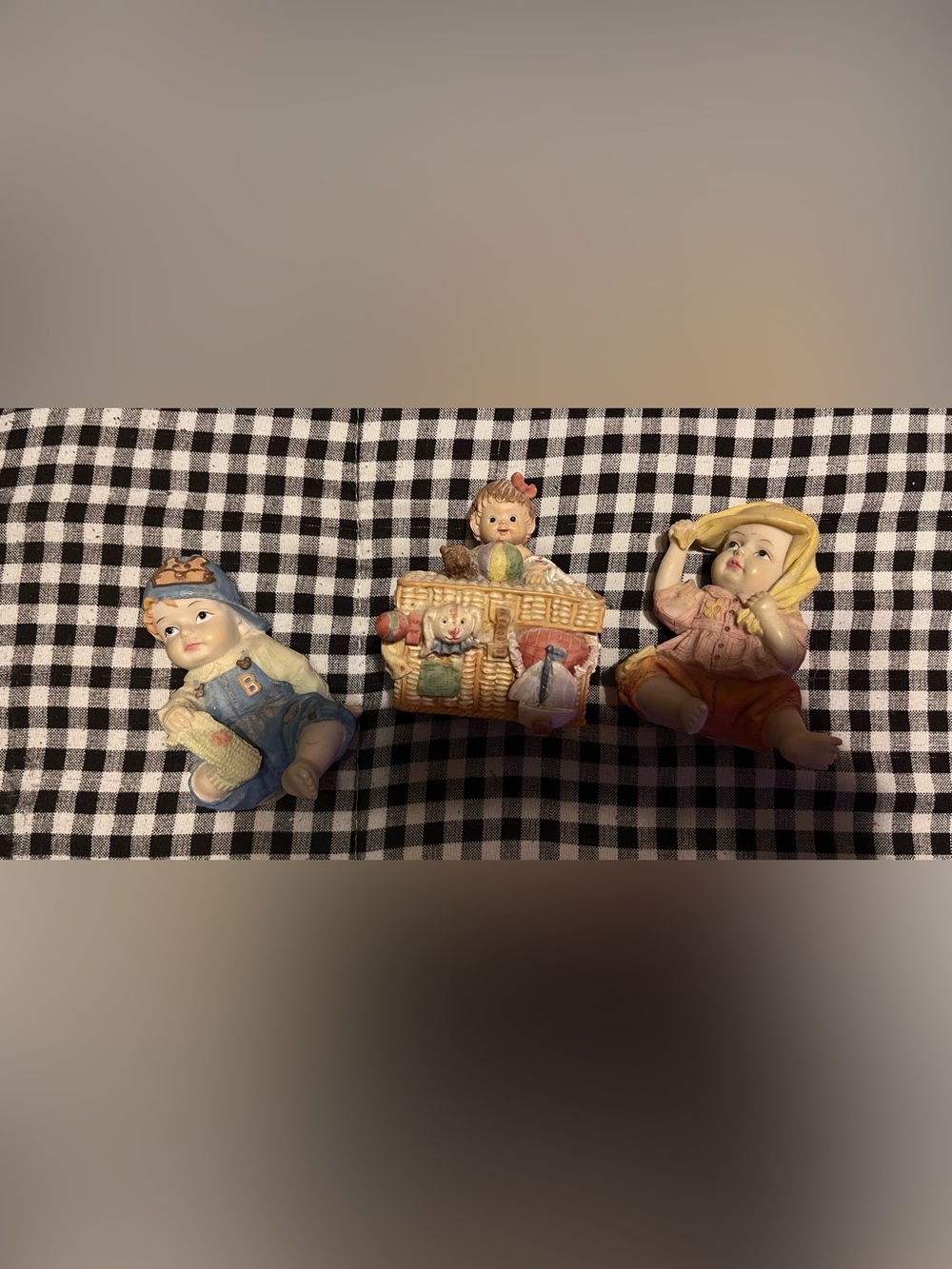 Vintage Ceramic Baby Figurine Trio - Pastel Blue, Pink, Cream K COLLECTION